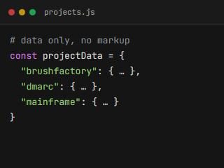 The projects.js data file behind this site