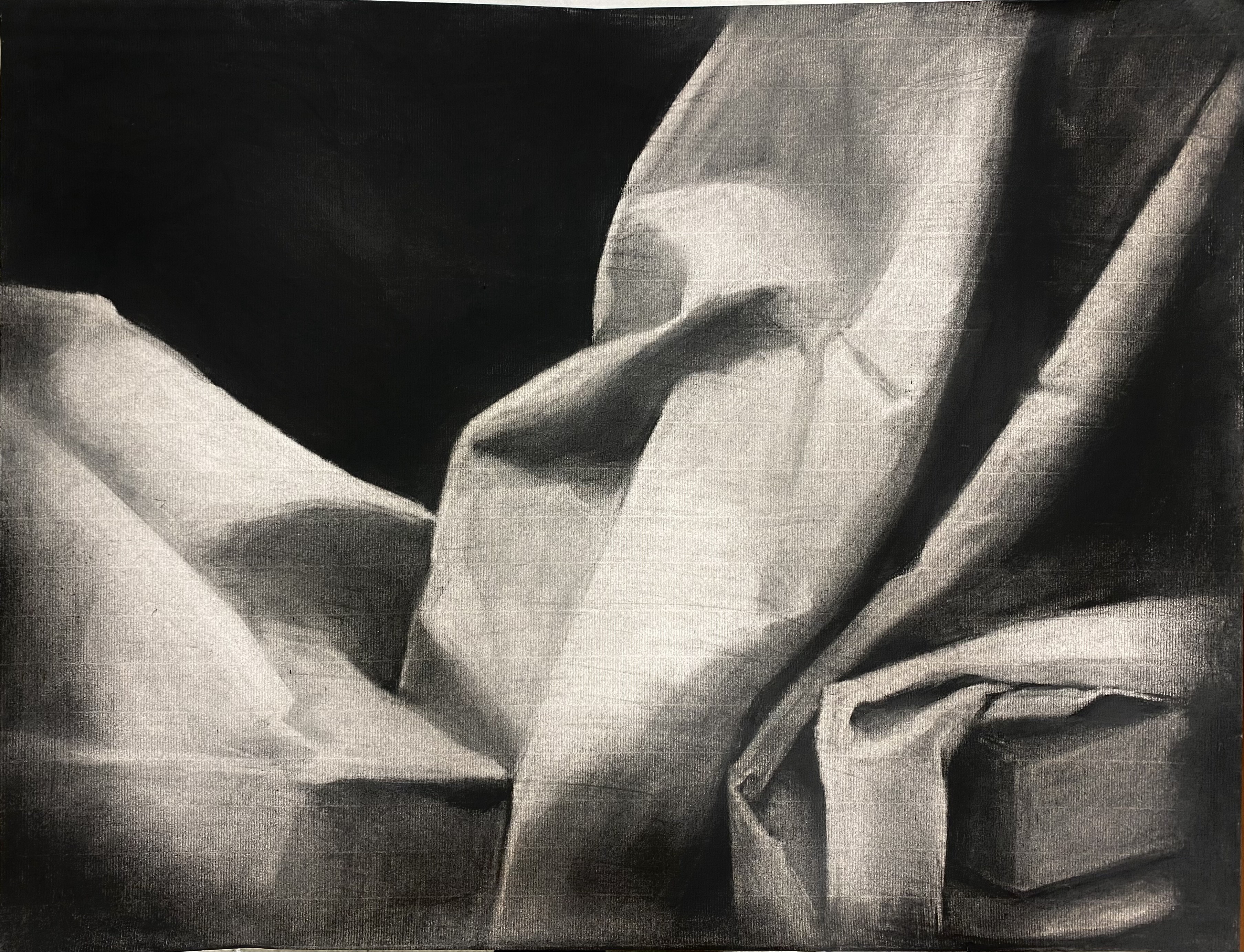 Cloth Vignette - Drawing cloth from sight using charcoal paints reductively. [18 x 25 in.]. Featured at the Drake University Anderson Gallery 52nd Annual Juried Student Exhibition in March 2023.