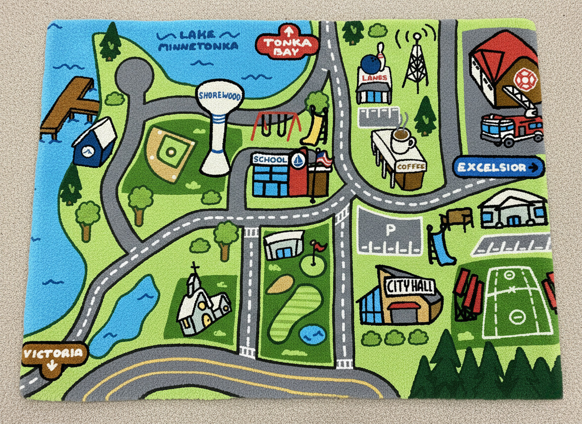 A custom illustrated rug designed to help children visualize their community.