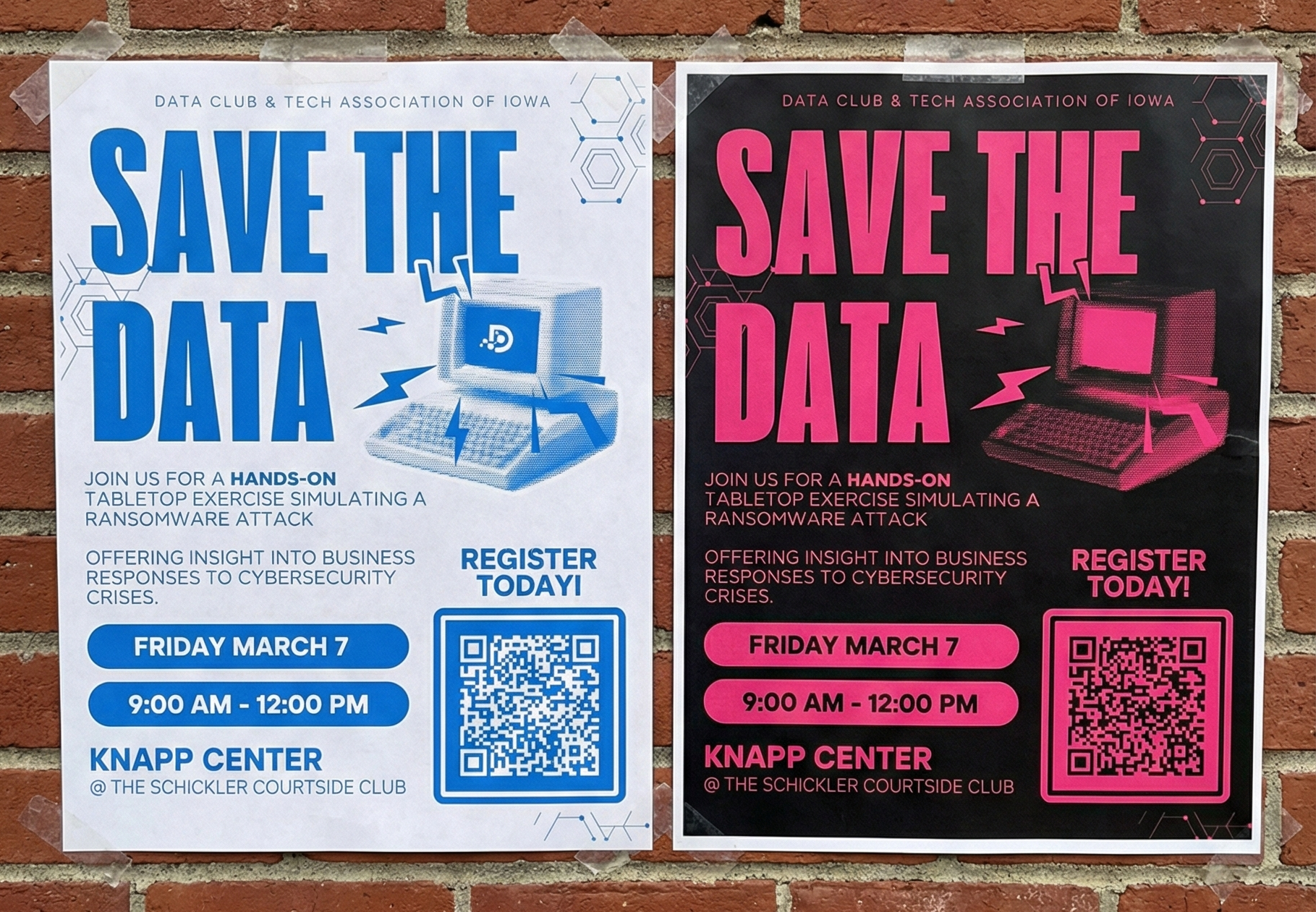 Promotional flyers designed for the 'Save the Data' cybersecurity event.