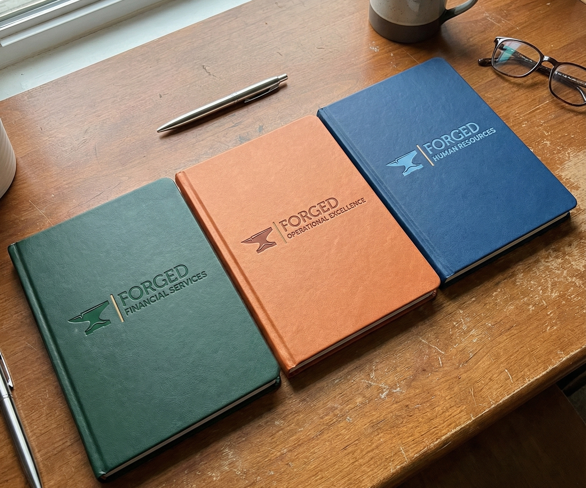 Branded notebooks featuring the unified Anvil icon.