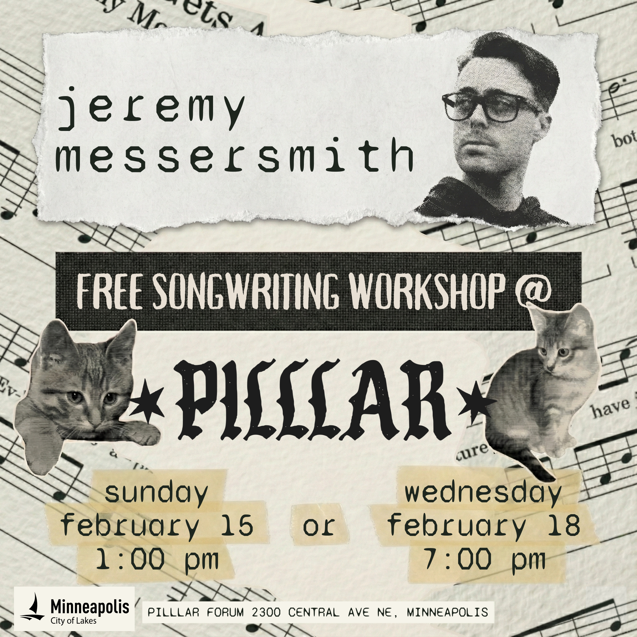 Final promotional poster for PILLLAR songwriting workshop.