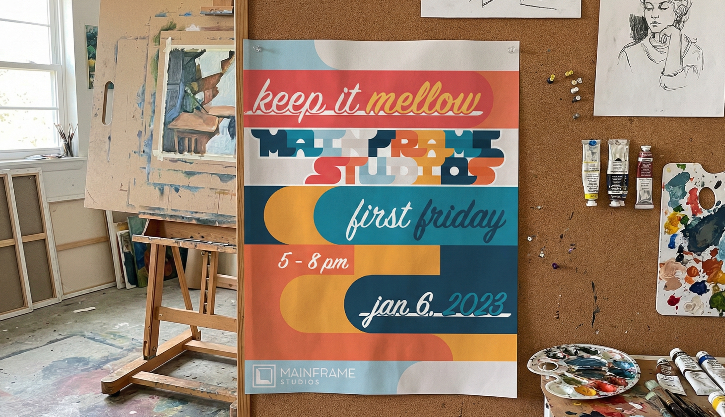 Mockup of the poster in a studio environment.