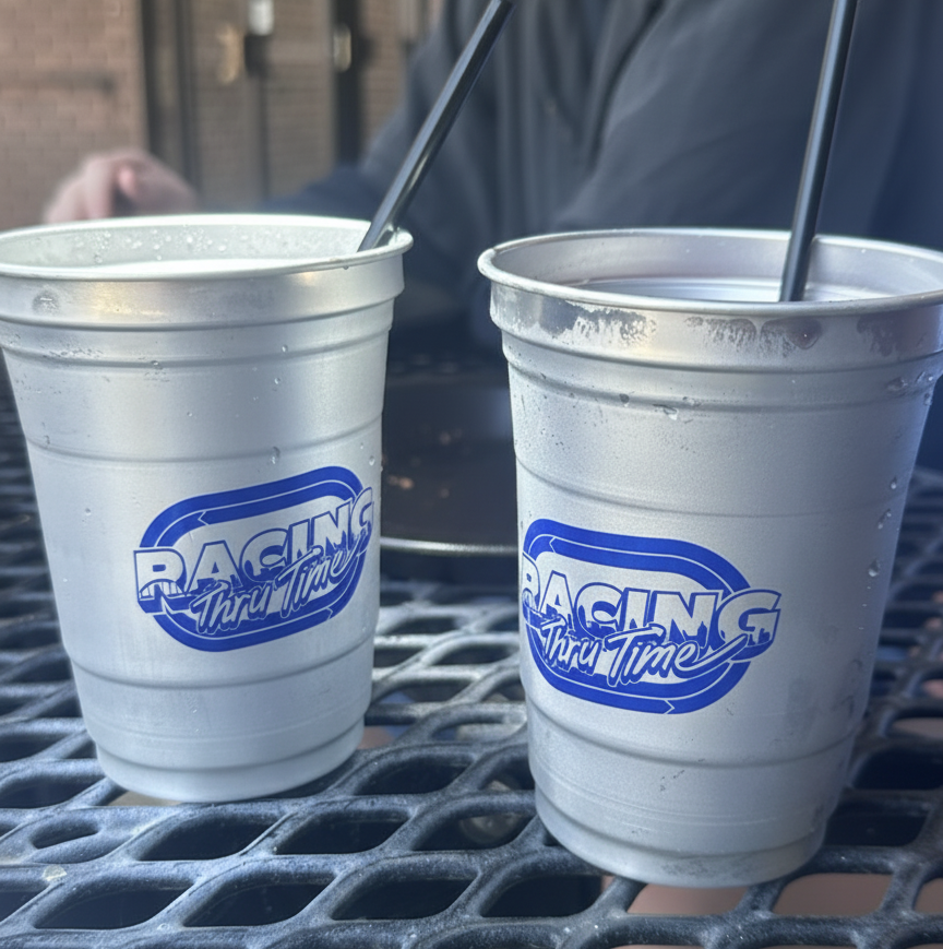 Merchandise application on steel cups, handed out at events.