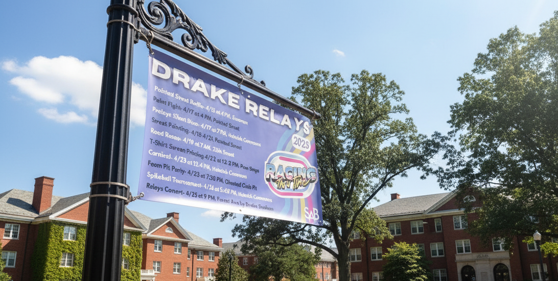 Banner displayed on Drake campus grounds.